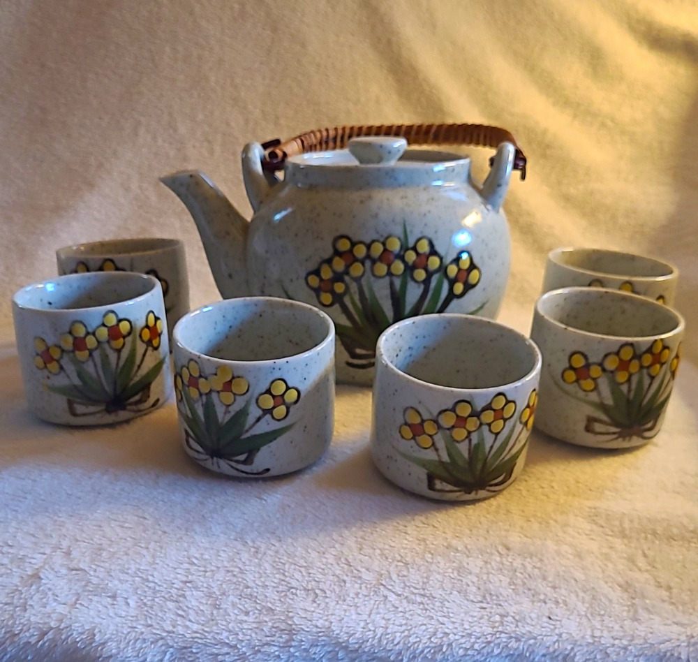 VTG Otagiri Japan Speckled Stoneware Tea Set Yellow Daisy Flowers Teapot 6 Cups